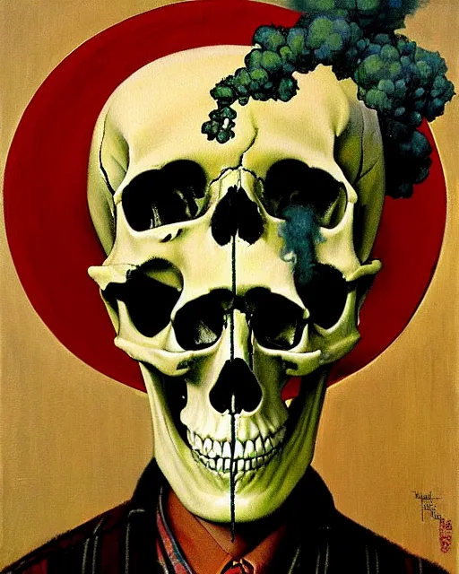 Prompt: oil geometric painting of skull skeletons smoking weed by norman rockwell