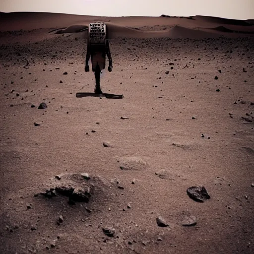 Prompt: abandoned on mars, stranded person, dream like atmosphere, melancholy, walking in the red dunes