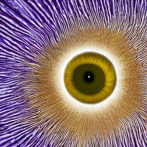 Image similar to microscopy image of mycelium growing into the shape of an eye and iris, natural color, fine art, nature journal figure, ultra detailed 9 k tiff