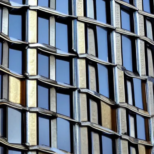 Prompt: brutalist building made from reflective nickel chrome with copper and gold. highly reflective and shiny