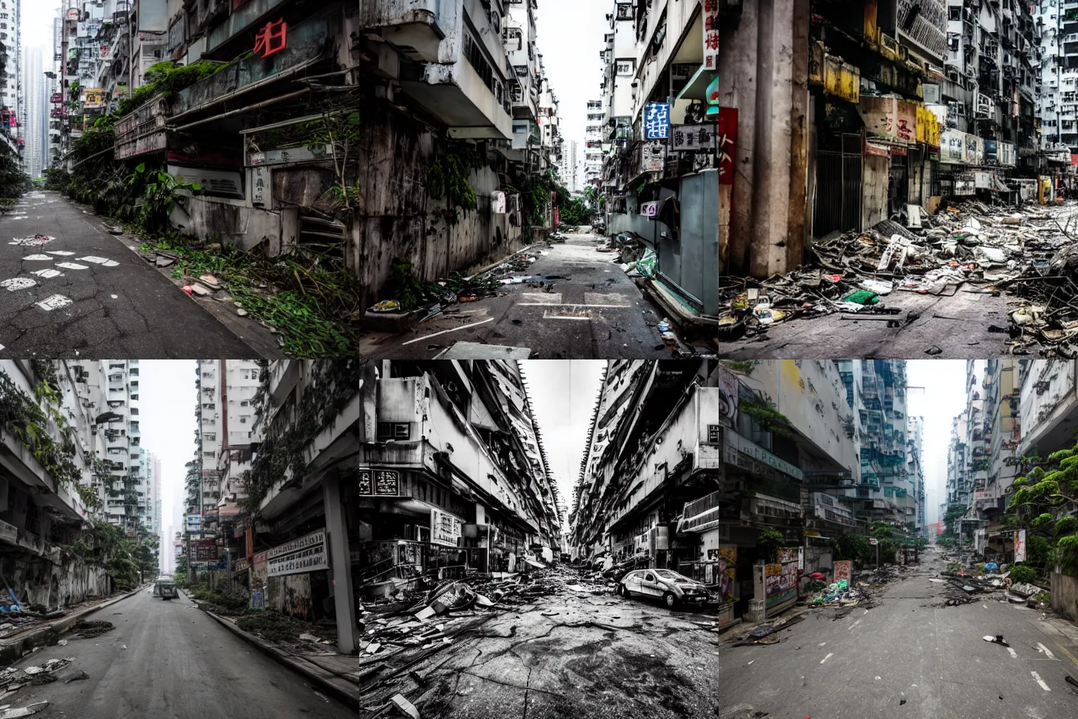 Image similar to streets of Hong Kong, empty, destroyed, left to ruins, creepy, dark, gritty, horror, plant overgrowth