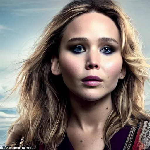 Image similar to a woman who is a genetic combination of jennifer lawrence and elizabeth olsen face and upper - body focus