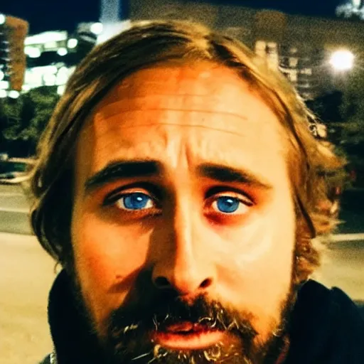 Image similar to this homeless man looks like ryan gosling if he was poor asf, accidentally taking a selfie, front camera, camera flash is so bright in his face, viral, selfie, viral on twitter, viral on instagram, viral photo