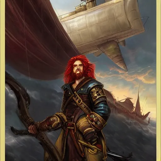 Image similar to an epic fantasy comic book style portrait painting of a long haired, red headed male sky - pirate in front of an airship in the style of bayard wu