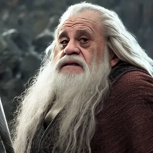 Image similar to danny devito starring as gandalf the white in the 2 0 2 4 lord of the rings movie, full body, hyper realistic, high quality, wide angle, always sunny in philadelphia