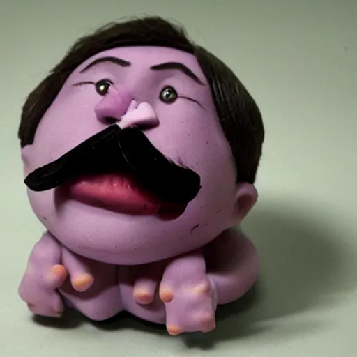 Prompt: tiny moustached homunculus with a huge mouth screaming and crying tiny little feet and purple skin, clay model