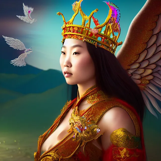 Prompt: beautiful 3 d render of an asian mongolian princess goddess with angelic wings in a sensual pose, princess wearing a crown with gemstones, near lake baikal, atmospheric lighting, painted, intricate, volumetric lighting, beautiful, rich deep colours masterpiece, sharp focus, ultra detailed, in the style of dan mumford and marc simonetti, astrophotography