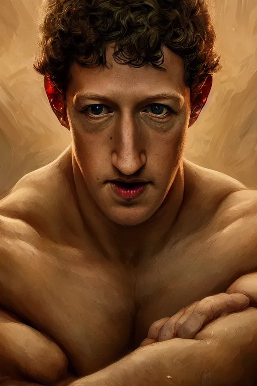 Image similar to portrait of mark zuckerberg as a hulking herculean demon, forest, godlike, full body, fantasy, intricate, elegant, highly detailed, digital painting, artstation, concept art, sharp focus, illustration, art by artgerm and greg rutkowski and alphonse mucha