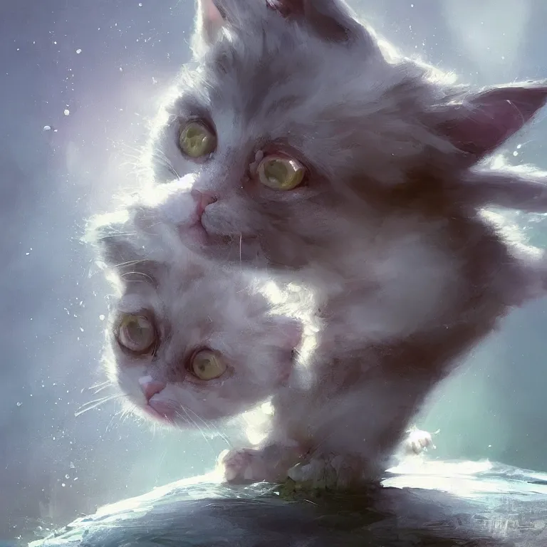 Image similar to a painting of a cute kitten at a river. character design by cory loftis, fenghua zhong, ryohei hase, ismail inceoglu and ruan jia. volumetric light, detailed, rendered in octane