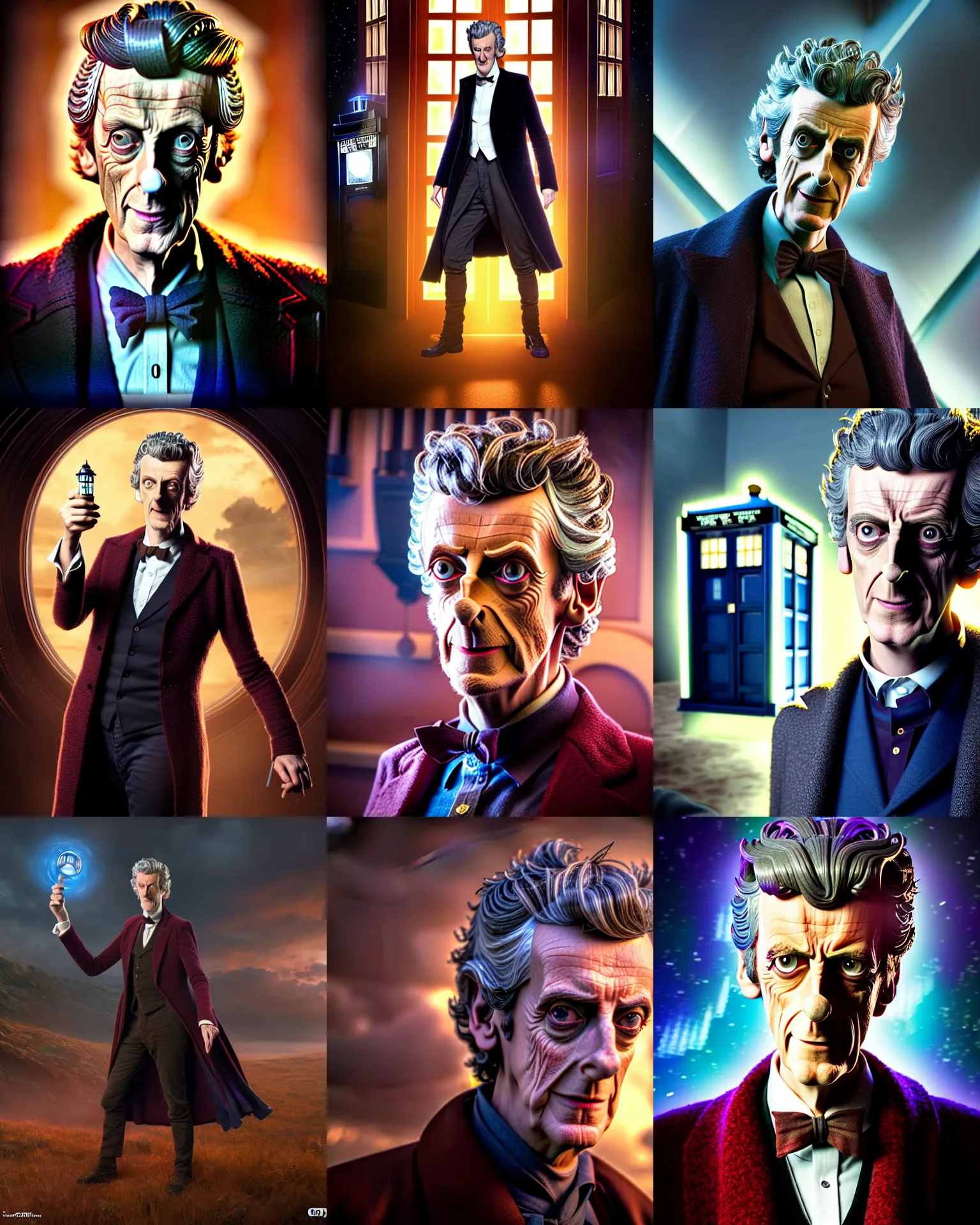 Prompt: weta disney pixar movie still portrait photo of peter capaldi : : as the twelfth doctor who wtith his tardis by pixar : : by weta, greg rutkowski, wlop, ilya kuvshinov, rossdraws, artgerm, marvel, octane render, iridescent, bright morning, anime, liosh, mucha : :