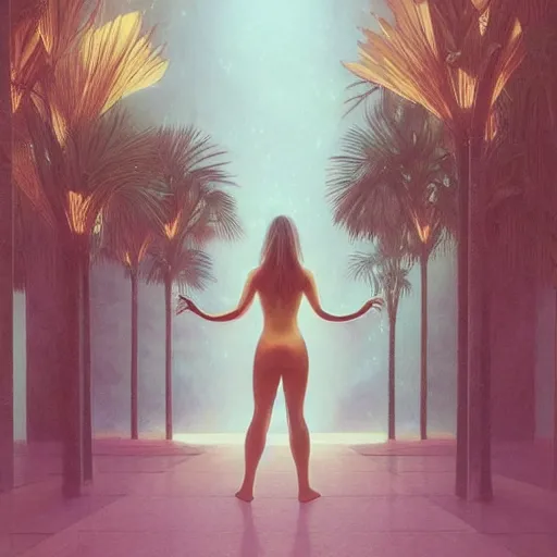 Image similar to cosmos, indoor liminal space, golden light, greg rutkowski, palm trees, pink door, minimalistic, hyperrealistic surrealism, award winning masterpiece with incredible details, epic stunning, infinity pool mirrors, a surreal vaporwave liminal space with mirrors, highly detailed, trending on artstation, artgerm and greg rutkowski and alphonse mucha, daily deviation