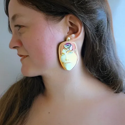 Prompt: hyperrealistic artnouveau style earrings with the face of a cat - like woman in atlantis