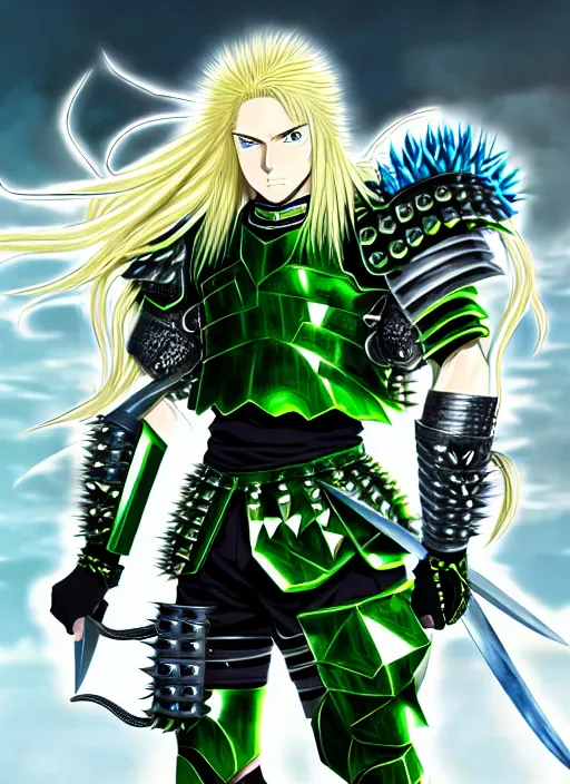 Image similar to a detailed anime full body portrait of a male warrior with long blonde hair and blue eyes wearing evil green spiked cyberpunk armour by hirohiko araki, detailed artwork, realism, 4 k resolution, detailed, high quality, sharp focus, hq artwork, insane detail, volumetric lighting, character concept art, fine details, clear subject, central subject