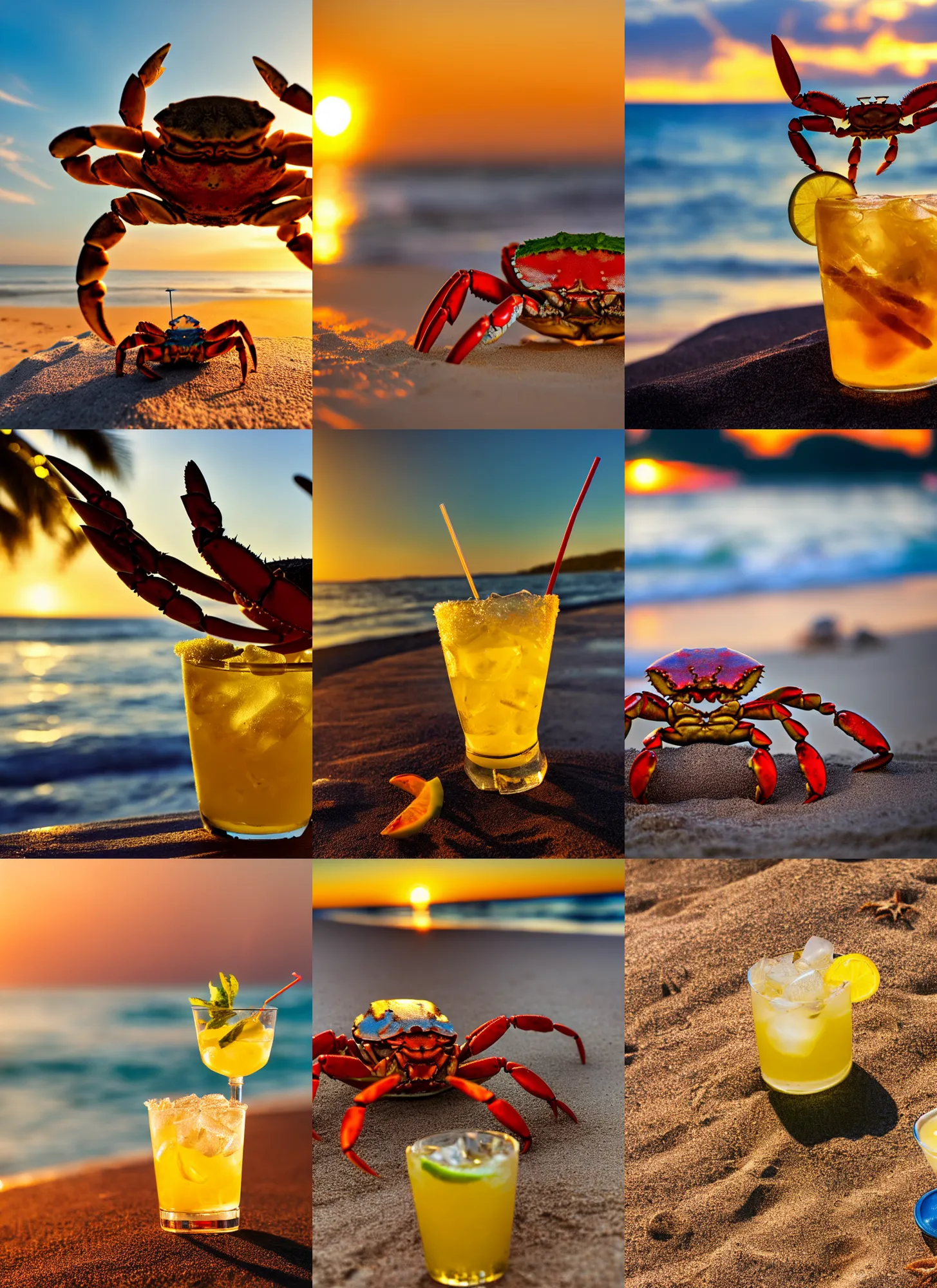 Prompt: a crab drinking a caipirinha in a beach, golden hour, bokeh, 4k