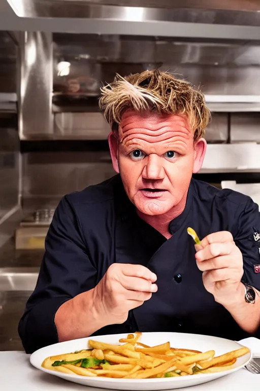 Image similar to photograph of chef gordon ramsay pretending to enjoy eating at mcdonald's, realistic, highly detailed,