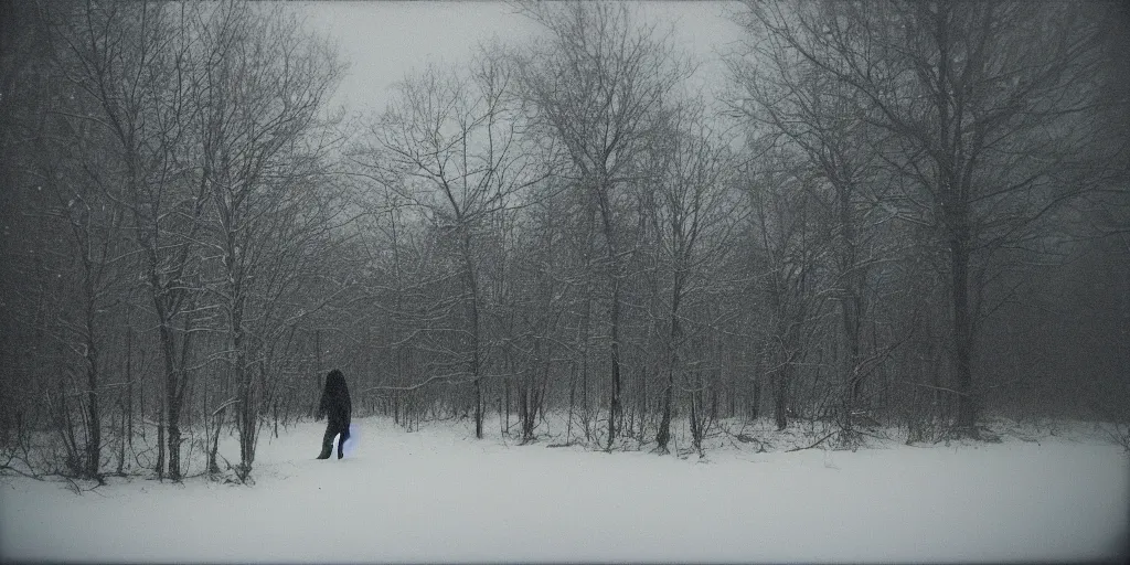 Prompt: photo, bigfoot is in the distance. cold color temperature, snow storm. hazy atmosphere. humidity haze. kodak ektachrome, greenish expired film, award winning, low contrast