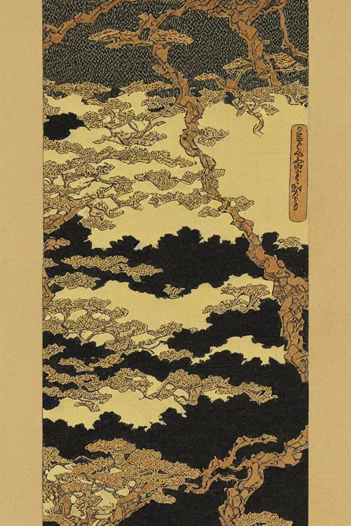 Image similar to japanese woodblock print of a landscape in the style of fantasy painted by kano sanraku, james jean, takato yamamoto, mc escher in the style of nihonga, gold leaf painting, fractal art, intricate detail