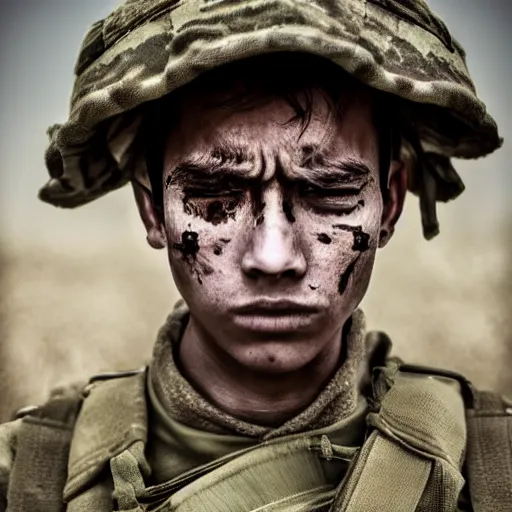 Image similar to soldier!!!!! portrait! pain, eyes, shoulders!!!!!!, sadness, photography