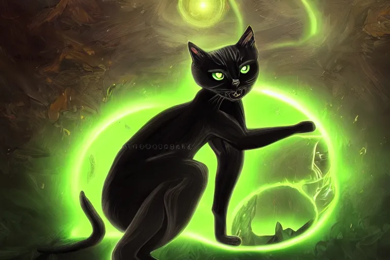 Prompt: black cat with glowing green eyes opening a magic portal to a demon realm, digital illustration, artstation, artstation hq, hd