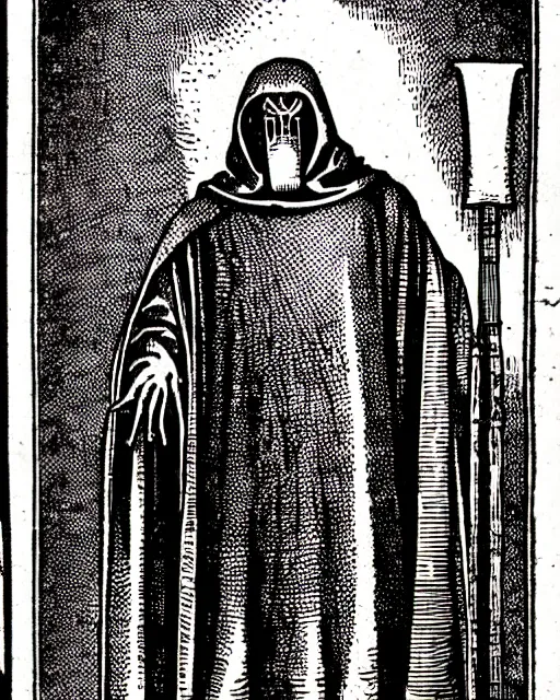 Image similar to b & w woodcut of doctor doom from the nuremberg chronicle, 1 4 9 3, restored, hq scan