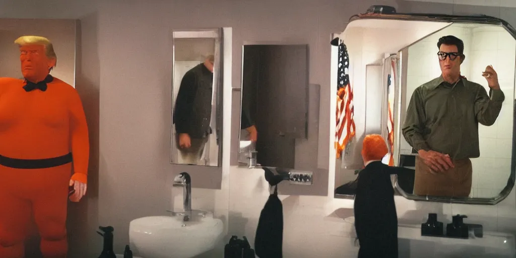 Prompt: ultra wide angle photo of donald trump dressed in a green flannel shirt and black dress pants as clark kent looking at himself in a bathroom mirror and seeing his reflection dressed as an orange skinned oompa loompa