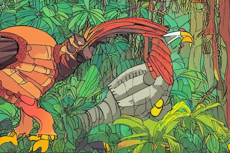 Image similar to illustration of a heavily armoured mechanical rooster in a jungle, by studio ghibli, tarot card, ominous, livid colors, colorful