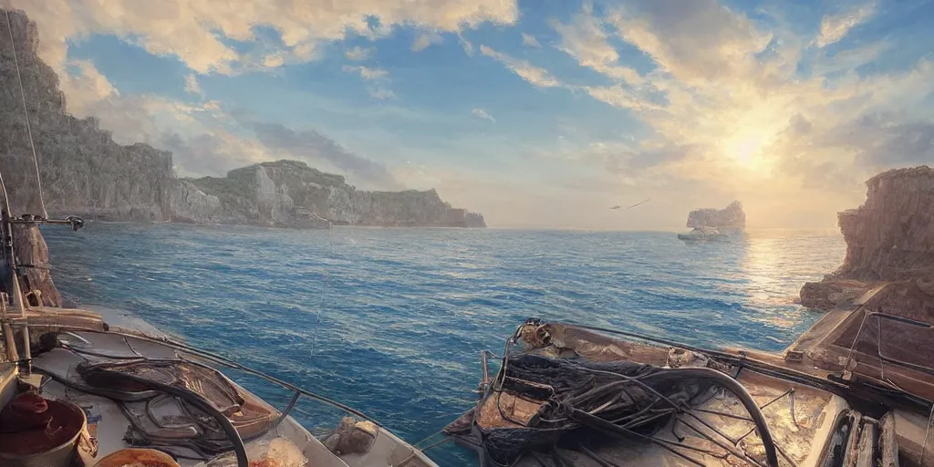 Prompt: looking out a boat window on the water, low angle from water pov, wide angle, sunset, a mediterranean phoenician fishing village in the distance, over a chalk cliff, highly detailed, digital painting, artstation, concept art, sharp focus, illustration, art by artgerm and greg rutkowski and raphael lacoste and magali villeneuve