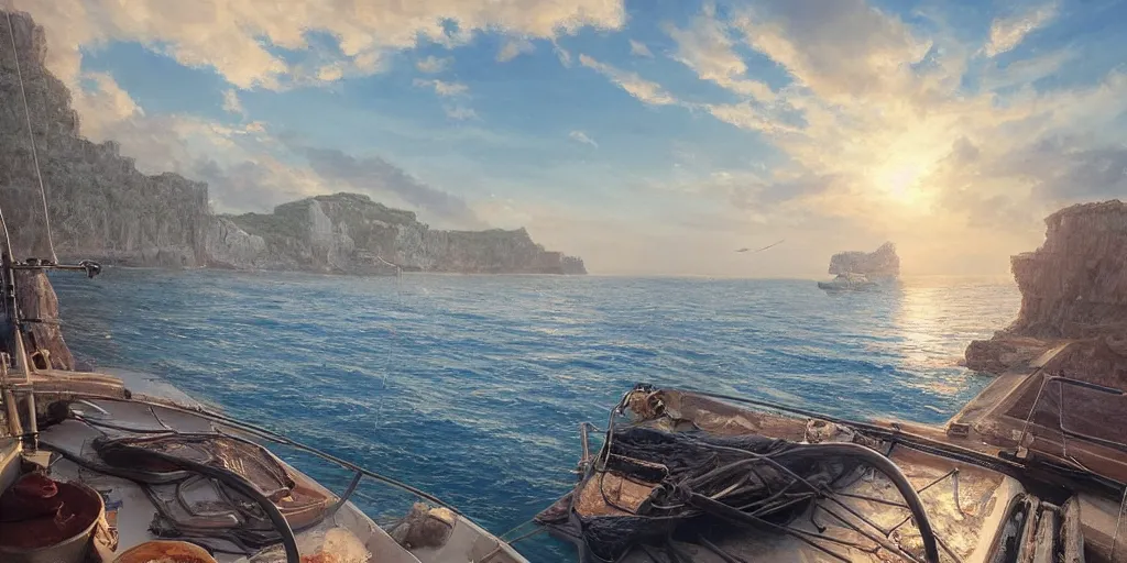 Image similar to looking out a boat window on the water, low angle from water pov, wide angle, sunset, a mediterranean phoenician fishing village in the distance, over a chalk cliff, highly detailed, digital painting, artstation, concept art, sharp focus, illustration, art by artgerm and greg rutkowski and raphael lacoste and magali villeneuve