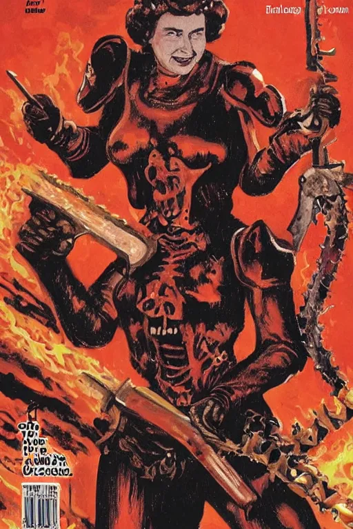 Prompt: Queen Elizabeth 2 with a chainsaw in her hands fights with an army of skeletons in hell, in the style of the cover of the 2 part of doom,