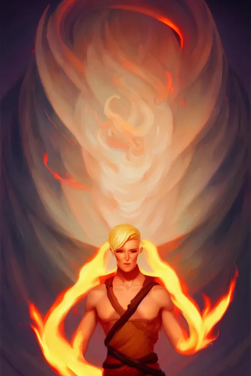 Image similar to character art by peter mohrbacher, young man, blonde hair, on fire, fire powers