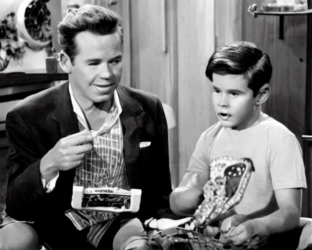 Prompt: Wally Cleaver eating a Choco Taco on Leave It To Beaver, black and white television still