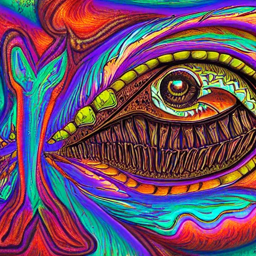 Prompt: dark fantasy, 4 k, textured 3 d, intense detail, dark psychedelic, hideous one eyed monster, amazing background, alex grey style