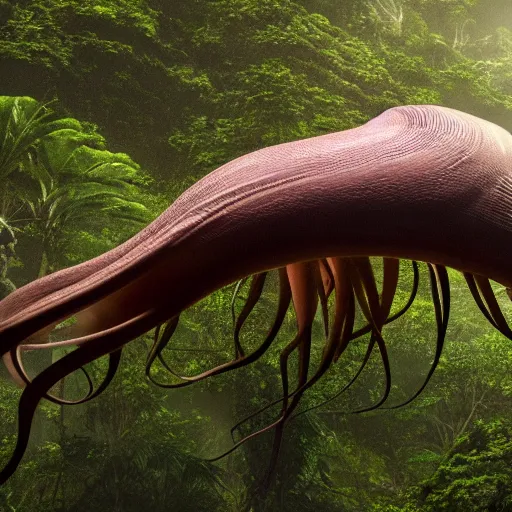 Image similar to a giant squid octopus chimea hanging from the clouds over a rain forest, still from the movie the arrival, 8k