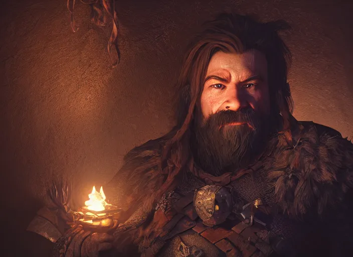 Image similar to Beautiful art portrait of a male dwarf warrior in a dark mystical dark dungeon setting, unreal 5, DAZ, hyperrealistic, octane render, dungeons and dragons, dynamic lighting