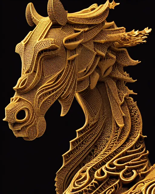 Prompt: 3 d ornate carved horse with profile portrait, sigma 5 0 0 mm f / 5. beautiful intricate highly detailed horse. bioluminescent, plasma, lava, ice, water, wind, creature, thunderstorm! artwork by tooth wu and wlop and beeple and greg rutkowski, 8 k trending on artstation