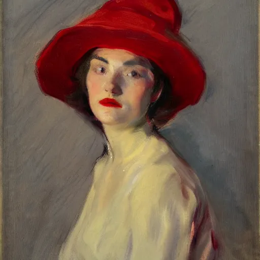 Prompt: frontal portrait of a woman wearing a red hat, by john singer sargent.