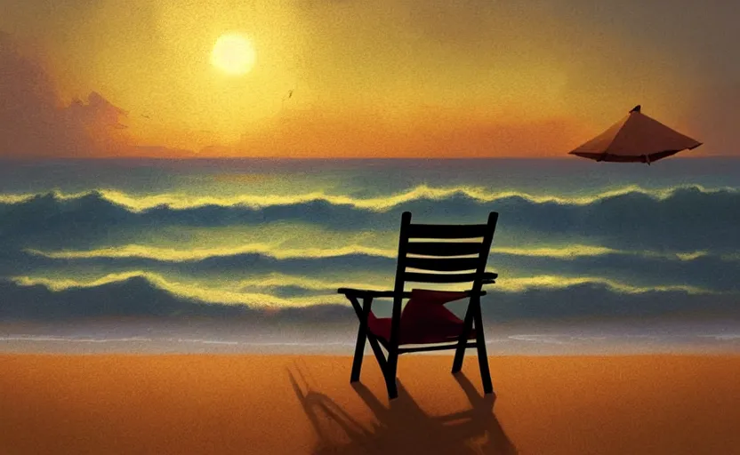 Prompt: silhouette painting of a beach chair at sunset with ocean waves in background, natural light, concept art, by greg rutkowski, cozy atmospheric and cinematic lighting