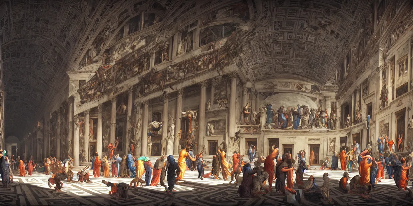 Image similar to the school of athens cyberpunk, hyper detailed, neon, concept art, award winning concept art