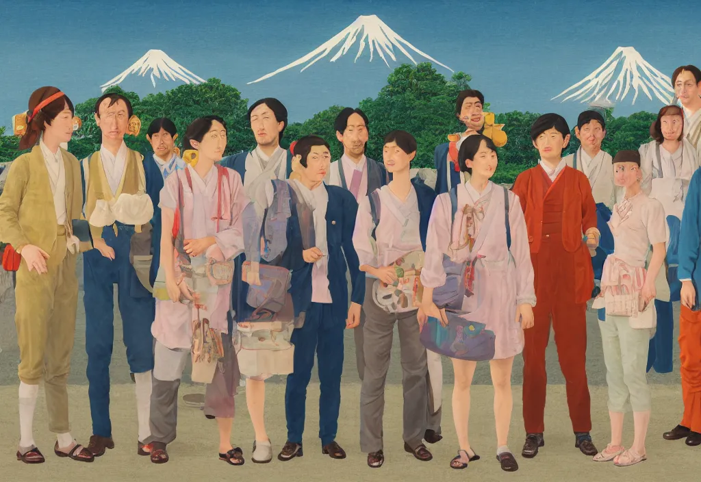 Prompt: full body portrait of a group, a row of a several european tourists standing with a variety of poses and props, several character designs, rural japan, a detailed painting, in the style of wes anderson, lola dupre, david hockney, isolated on negative white space background dark monochrome neon spraypaint accents volumetric octane render