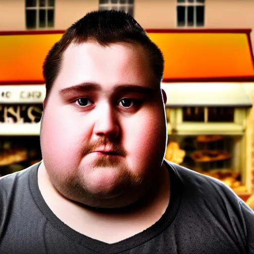 Image similar to Close up portrait of a chubby man with a bakery the background. Photorealistic. Award winning. Dramatic lighting. Intricate details. UHD 8K. He looks guilty.