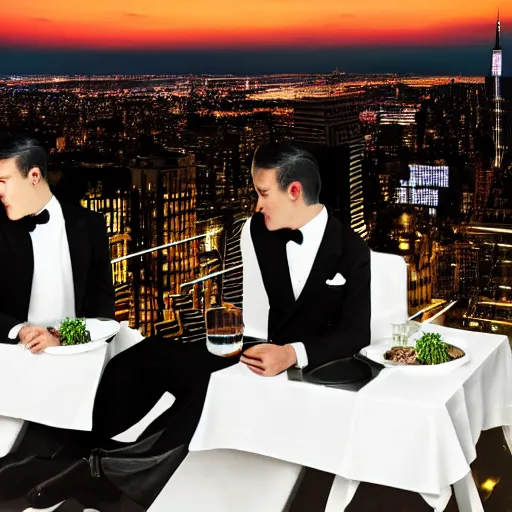 Prompt: two apes dressed in suits posing in front of camera drinking a cocktail on a fancy new york roof top, extreme wide angle cinematic shot, fancy club lights. in the style of arcane