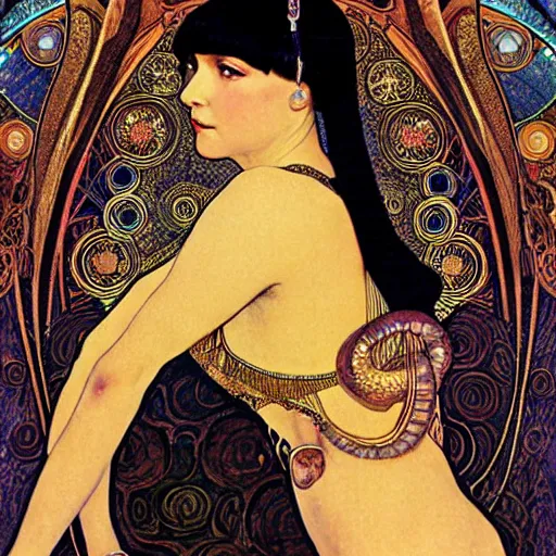 Prompt: louise brooks as cleopatra with coiled serpents beautiful detailed romantic art nouveau lithograph realistic portrait by alphonse mucha, yoshitaka amano, and gustav klimt, photorealism, hauntingly beautiful whirling clouds night sky spirals refined moody dreamscape, digital art