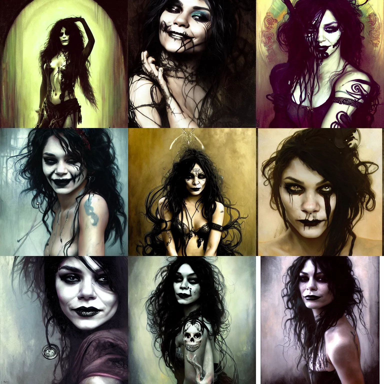 Image similar to beautiful portrait of vanessa hudgens as death from sandman, smiling, by cedric peyravernay, alphonse mucha, by jeremy mann, by lecouffe deharme, goth chic, soft lightning, eyeliner, punk rock, high detailed, 8 k