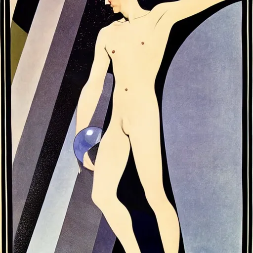 Prompt: art by coles phillips, a tall chrome - skinned god walks the earth, reflective skin, chrome, skin with a mirrror like finish similar to the silver surfer, mucha, kandinsky