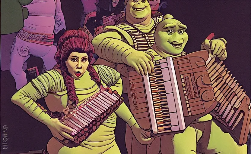 Prompt: shrek competes with princess leia in an accordion contest, aggressive expressions, dramatic lighting, by moebius,