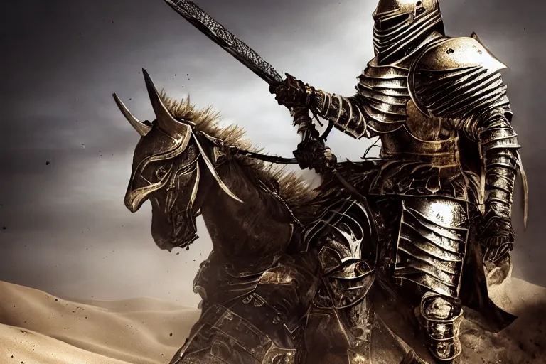 Image similar to The King fighting a war in the desert, dust and blood in the air, Gold and Silver Armour Suit, black iron sword, Dramatic Scene, dark and horrifying, intricate, cinematic lighting, highly detailed, trending on Artstation, 8k, photorealistic, dramatic, volumetric lighting, hyper realistic, unreal engine, Medieval Knight, art by Artgerm and Greg Rutkowski and Alphonse Mucha