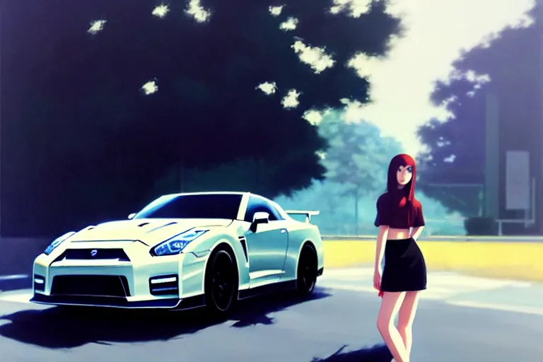 Image similar to A ultradetailed beautiful panting of a stylish girl standing in front of a Nissan GTR, Oil painting, by Ilya Kuvshinov, Greg Rutkowski and Makoto Shinkai