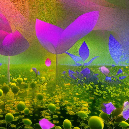 Image similar to i am flying towards the city of flowers, arms outstretched, birds fly beside me, towering flowers, translucent petals, spiral settlement on stem, riding the seed pod, beautiful textured lighting, water nozzles spraying mist, sunlight reflecting through water, global illumination, dappled lighting, high sharpness, subtle aperture gradient, style of albert bierstadt