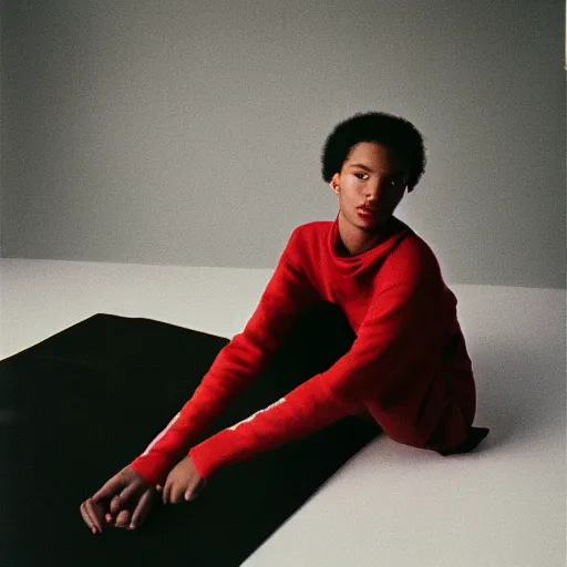 Image similar to realistic photoshoot for a new balenciaga lookbook, color film photography, portrait of a beautiful woman in style of tyler Mitchell, person sitting on the floor, 35mm, graflex