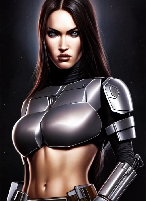 Image similar to symmetry!! gantz portrait of megan fox as a female the mandalorian, unholy, intricate, highly detailed, dynamic lighting, digital art, digital painting, artstation, terence nielsen, sharp focus, illustration, art by artgerm and greg rutkowski and moebius, 8 k